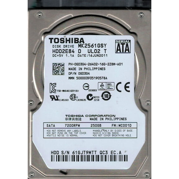 MK2561GSY HDD2E84 D UL02 T F/W: MC001D Toshiba 250GB