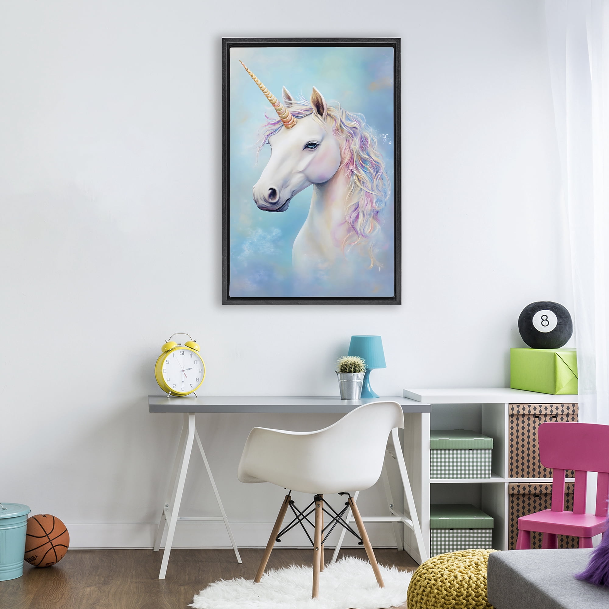 Stupell Industries White Unicorn on Blue Black Framed Floater Canvas Wall Art, design by Creative Studio