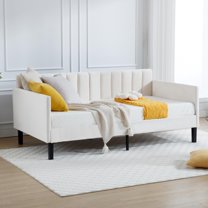 Gzxs Modern Velvet Upholstered Daybed, Twin Size Comfortable Sofa Bed with Ribbed Tufted Backrest and Sturdy Bentwood Slats Support, Beige