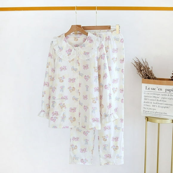 Ensemble Pyjama en Coton pour Femmes à Manches Longues de Vêtements de Nuit Imprimés à Boutons Soft Hownwear 2 Ensembles de Pièces