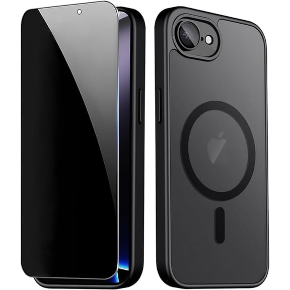 Magnetic for iPhone 17e Case & iPhone 16e Case with Privacy Screen Protector Built-in Camera Protector, Compatible with Magsafe, Matte Shockproof Phone Cover for i Phone 17 e / 16 e - Black