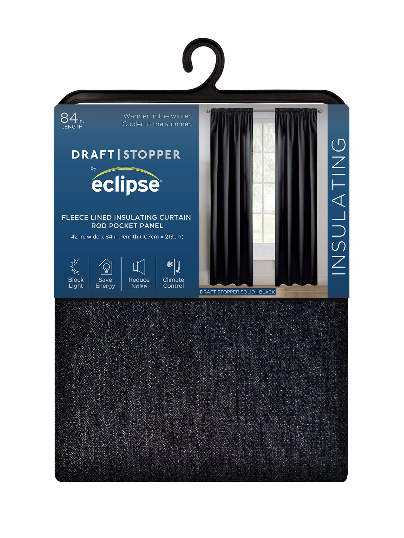 (2 pack) Eclipse Draft Stopper Room Darkening Fleece Lined Rod Pocket, Single Curtain Panel, Black, 42" W x 84" L