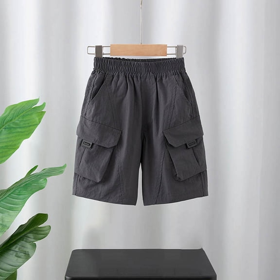 Spazoro Boys School Uniform Shorts with Multi-Pockets, Solid Color Loose Pull On Elastic Waist Casual Cargo Short for Kids Gray Size 5-6