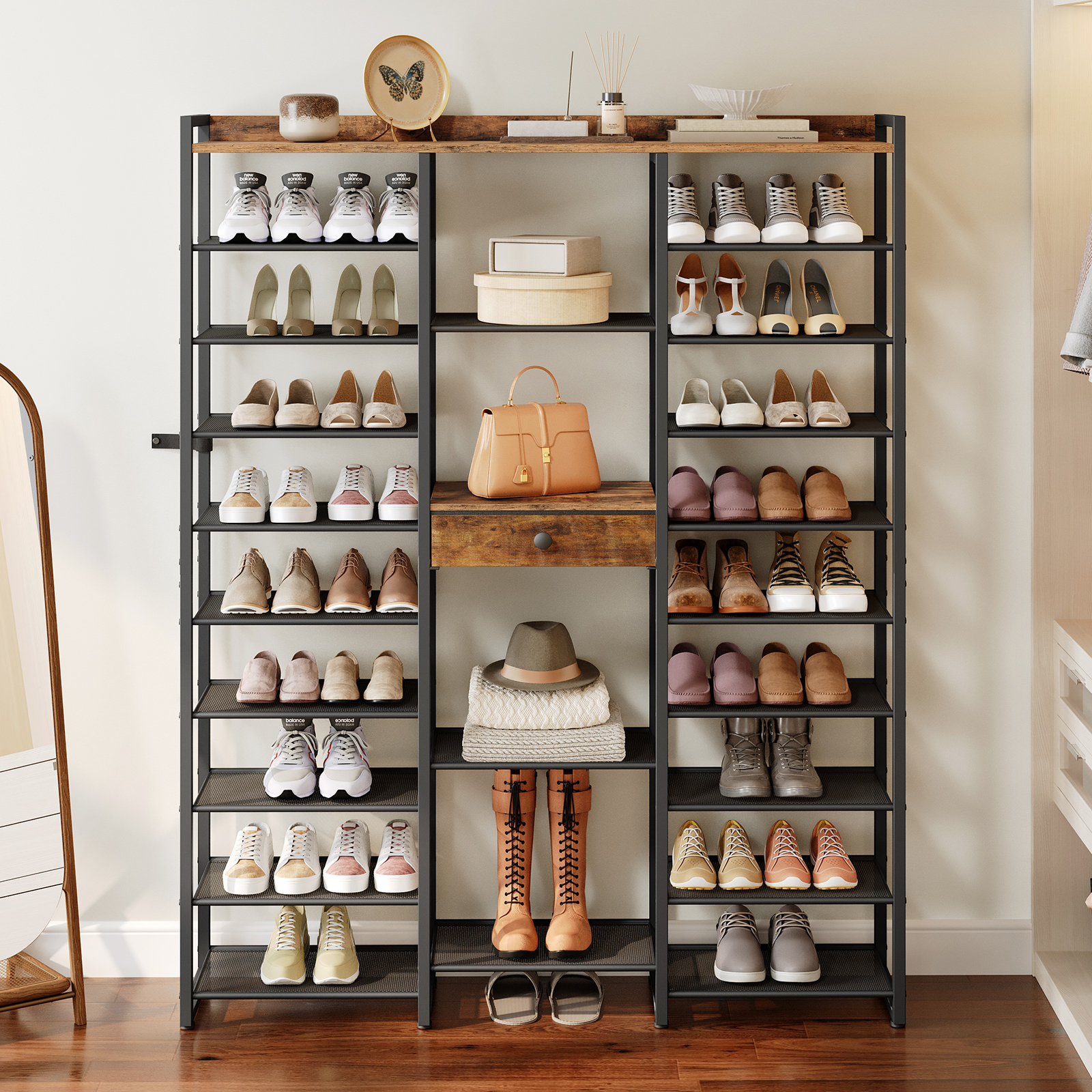 HOOBRO 10-Tier Shoe Rack Tall, Shoe Storage Organizer, 63-Inch Tall Storage Rack with Fabric Drawer, Sturdy Metal Support and Adjustable Feet, for Living Room, Rustic Brown and Black BF120XJ01