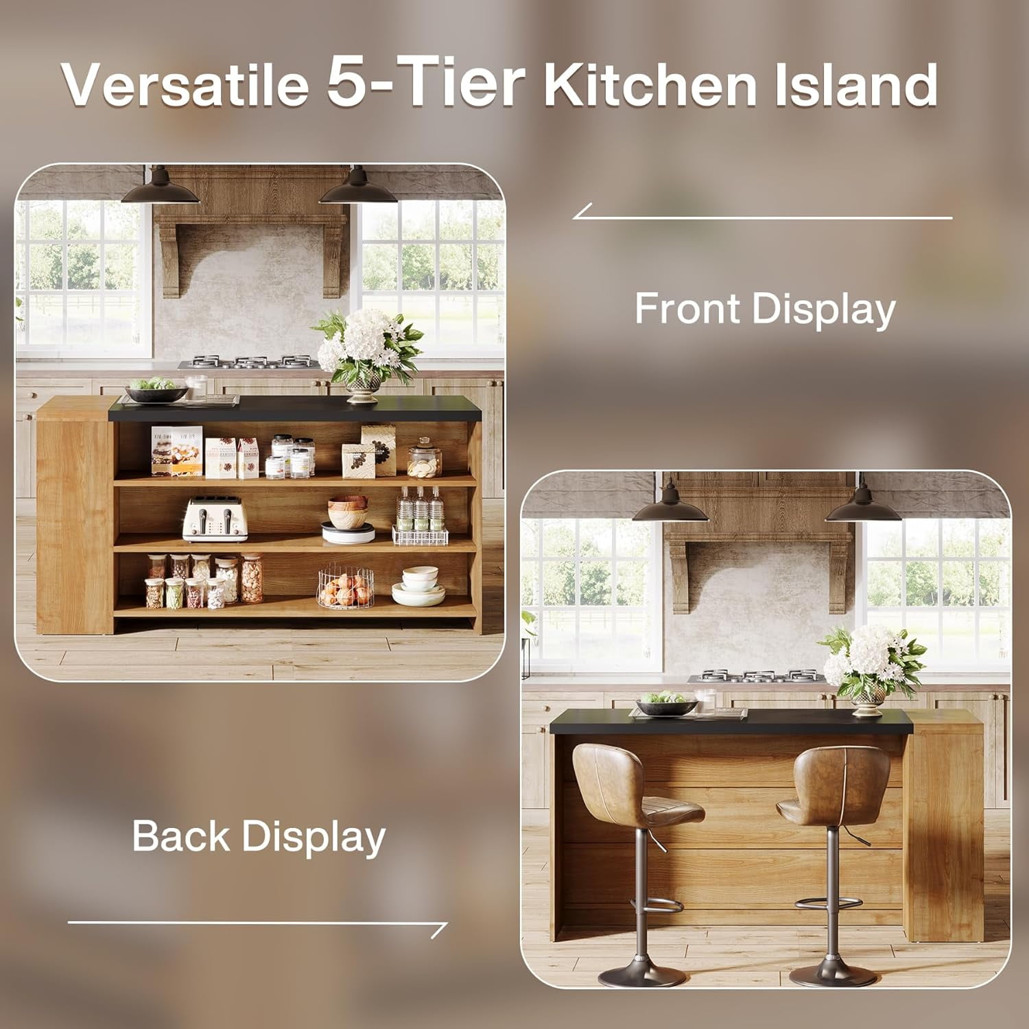 Tribesigns 55" 5-Tier Stationary Kitchen Island with Storage, Farmhouse Coffee Bar Table with Large Countertop, Wood Storage Cabinet for Kitchen - Vintage Brown