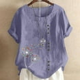 thumbnail image 3 of Fesfesfes Women Plus Size T Shirts Women's Short Sleeved Casual Plus Size Round Neck Printed Loose Button Cotton Linen Top Blouse 2XL(US:12), 3 of 6