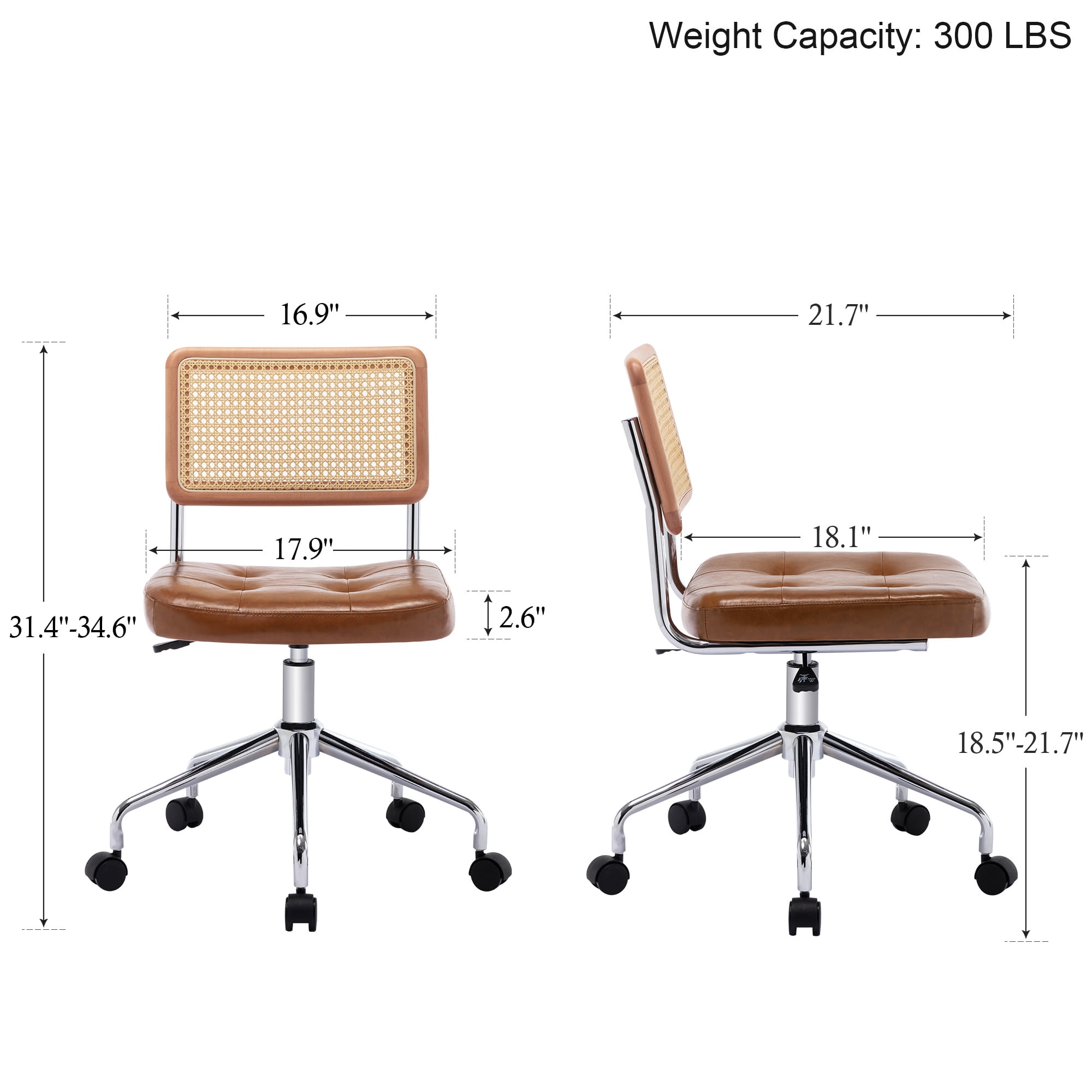 Zesthouse Mid Century Faux Leather Home Office Chair with Rattan Back, 360° Swivel Upholstered Desk Chair on Wheels, Tufted Computer Task Chair for Living Room & Office Room, Brown