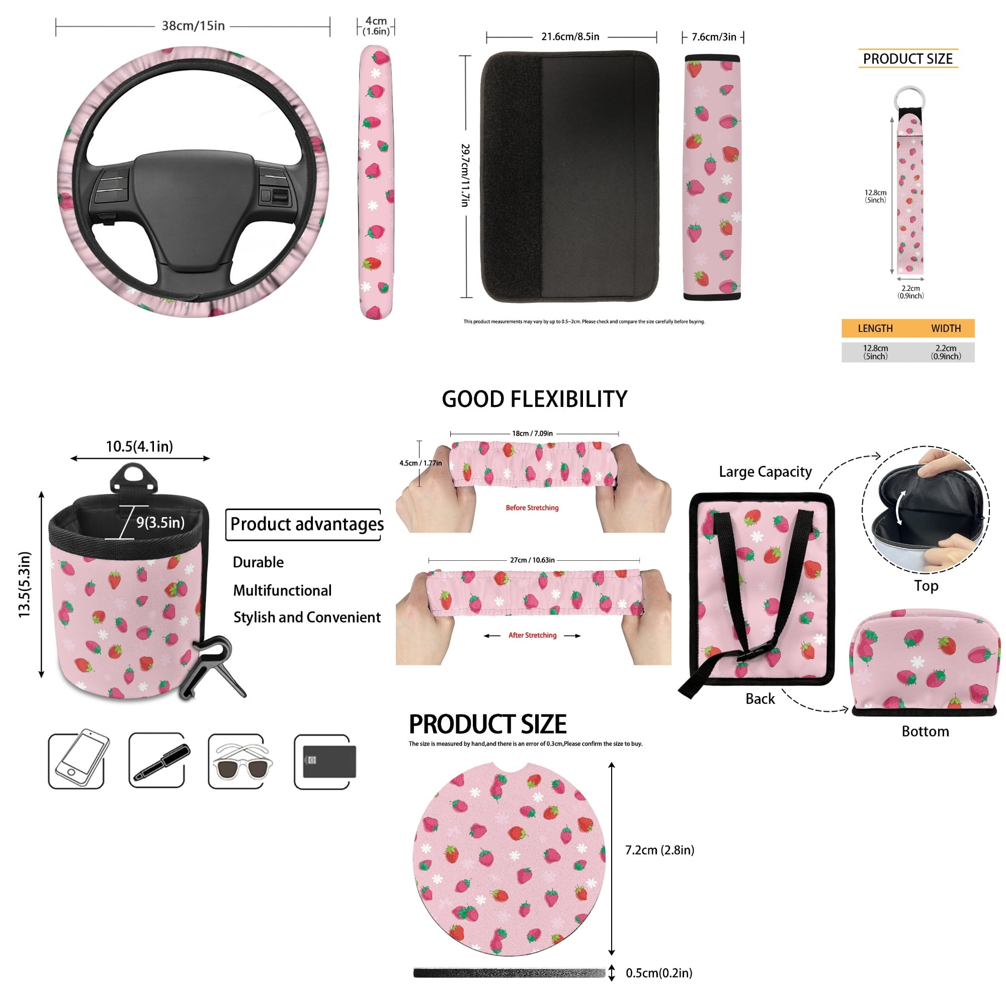 Yuyamidu Strawberry Car Seat Cover for Women Girls Pink Steering Wheel Cover Seat Belt Strap Pad Trash Bag Hanging Storage Bag Rearview Mirror Accessory Cup Holder Key Chain 15 Pieces