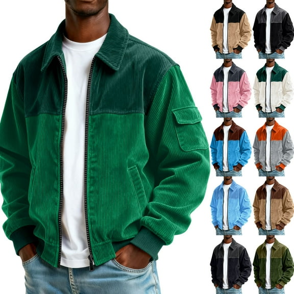 yuCgh Men's Corduroy Zip Up Jacket, Pocket Front Casual Sports Coat, Plus Size Available for Loose Fit Comfort & Fall Winter Layering,Black,L