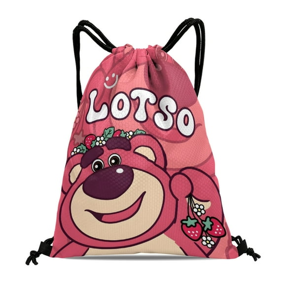 Strawberry bear Lotso-theme Drawstring Backpack Sports Gym Bag Water Resistant String Bag Cinch Bag，12''X16''（30X40cm）