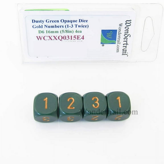 Dusty Green Opaque Dice with Gold Numbers D3 (D6 1-3 Twice) 16mm (5/8in) Pack of 4 Wondertrail