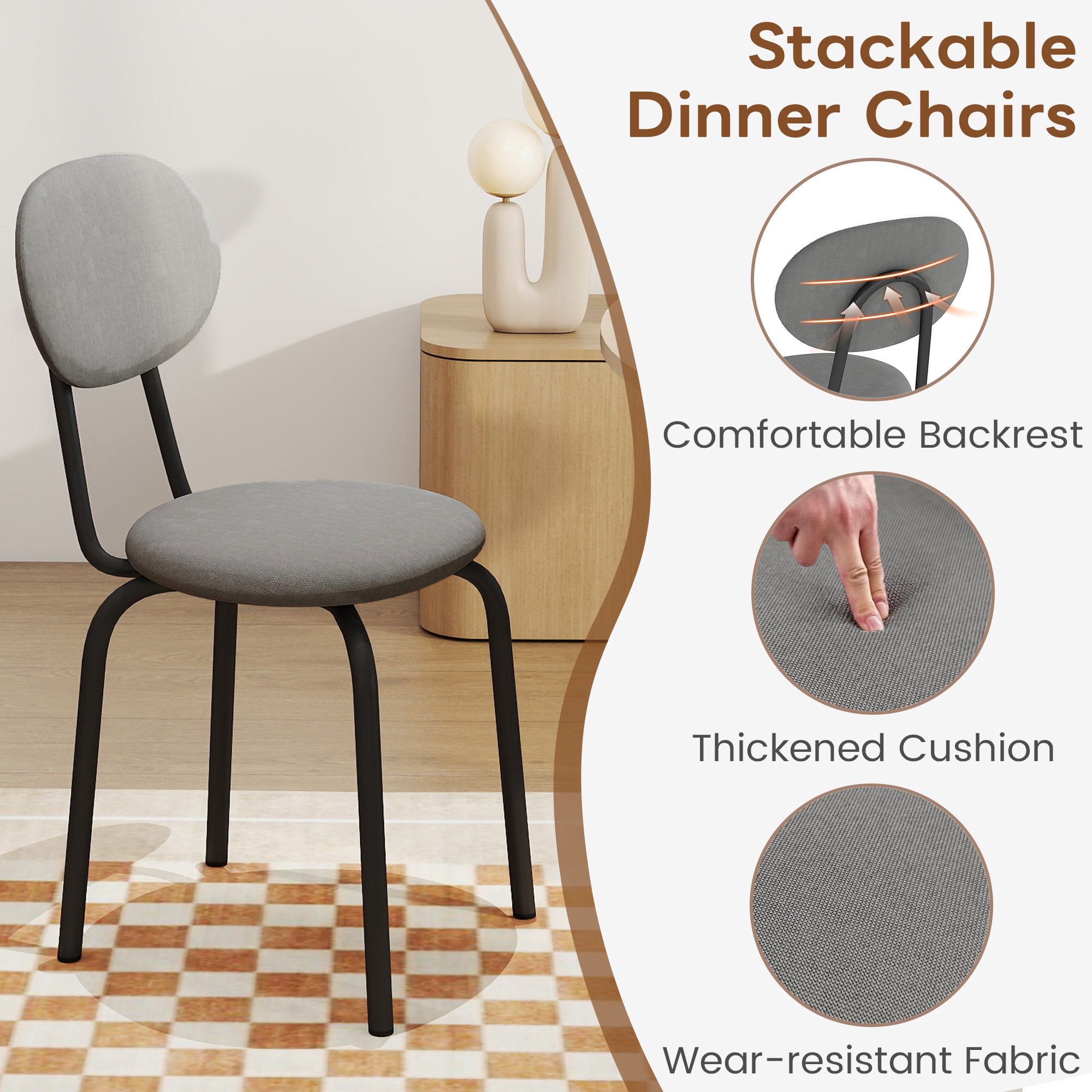 Melocadol Stackable Dining Chairs Set of 4, Modern Upholstered Dining Chairs with Comfortable Padded Seating, Steel Frame with 400 Lb. Capacity, Space Saving, for Kitchen, Dining Room, Grey