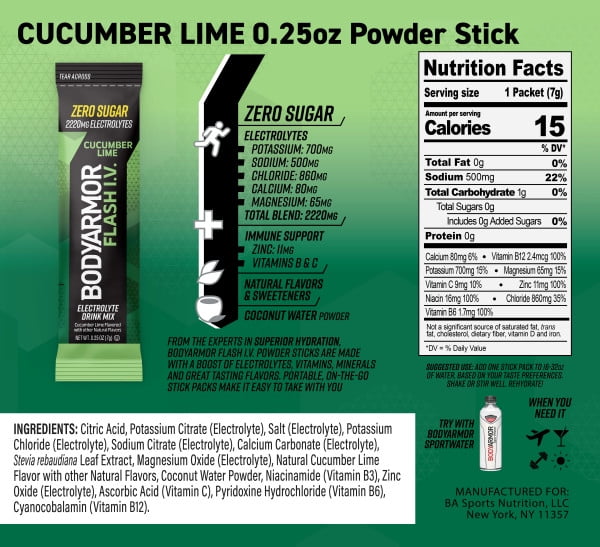 BODYARMOR Flash IV Electrolyte Packets, Cucumber Lime - Zero Sugar Drink Mix, Single Serve Packs, Coconut Water Powder, Hydration (6 Count)