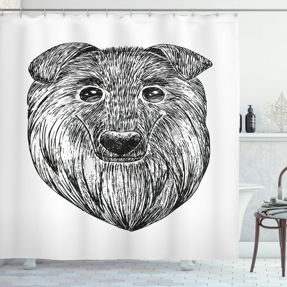 Charcoal Shower Curtain, Drawing Illustration of Collie Scottish Shepherd Doggy Animal Art, Fabric Bathroom Set with Hooks, 69W X 75L Inches Long, Charcoal Grey and White, by Ambesonne