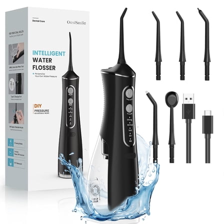 OasiSmile Portable Water Flossers for Teeth, Cordless 300ML Oral Irrigator with 5 Jet Tips, White
