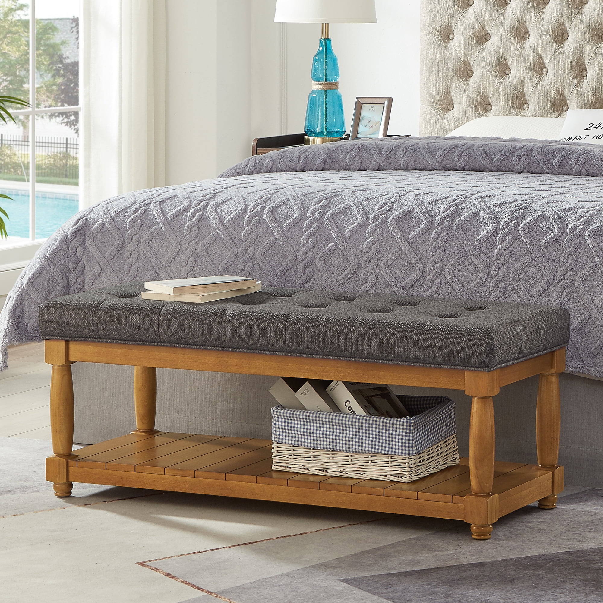 Leumius Upholstered Linen Bench with Storage Shelf, Solid Wood Spindle Legs Accent Furniture Tufted Ottoman Bench for Bedroom Entryway Living Room Granite