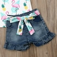 thumbnail image 5 of Bagilaanoe 2pcs Toddler Baby Girl Short Pants Set Flying Sleeve Print T Shirt Tops + Denim Shorts with Belt 1T 2T 3T 4T 5T 6T Kids Casual Summer Outfits, 5 of 8