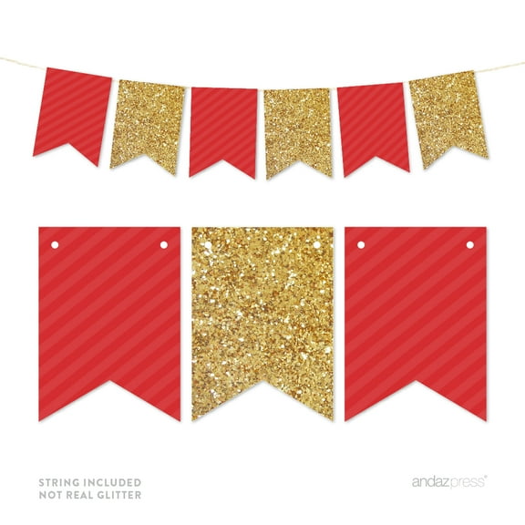 Red Gold Glitter Pennant Party Banner