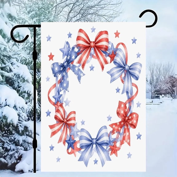 RKSupls Patriotic Linen Double Sided Garden Flag, Independence Day Themed Yard Decor, Patriotic Bow Wreath Outdoor Banner for Holiday Lawn