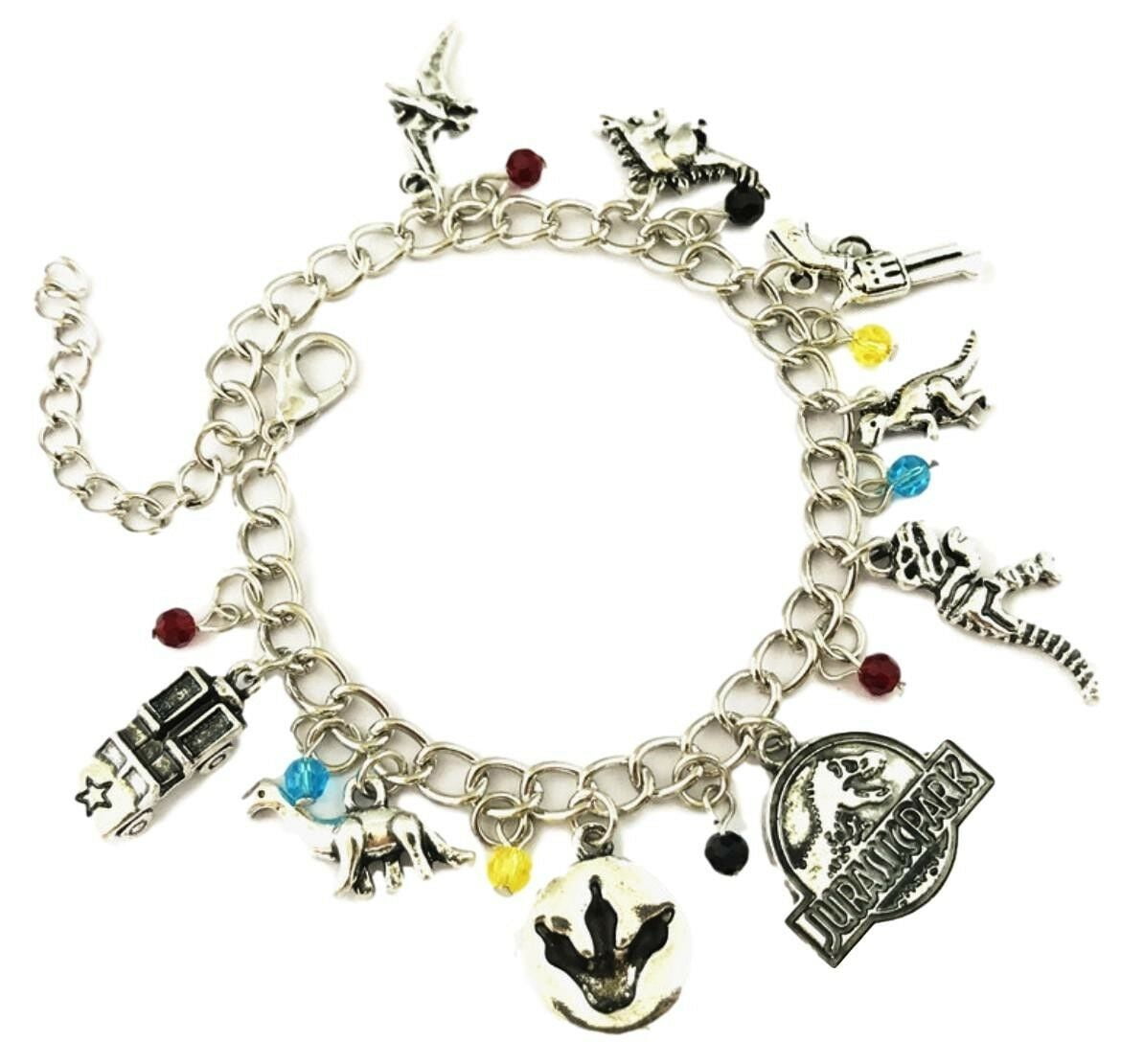 Jurassic Park Themed Silvertone Metal Novelty Charm Bracelet