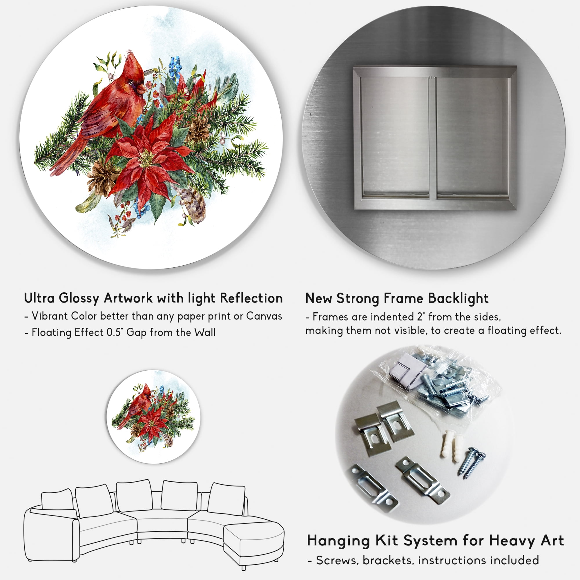 Designart 'Christmas Red Cardinal Bird and Poinsettia' Traditional Circle Metal Wall Art 29x29 - Disc of 29
