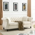 thumbnail image 2 of FURNINEST Living Room Sofa Furniture, Mid-Century 3-Seat Couches and Sofas, Velvet Upholstered Sofa Sofa with 2 Pillows and Wood Legs, Velvet Sofa for Living Room Bedroom, 80"L x 29"W x 30"H, Beige, 2 of 10