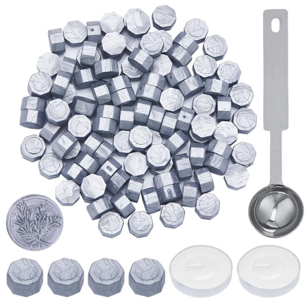 100Pcs Wax Seal Beads Set Silver Octagon Wax Sealing Beads with 1Pc Stainless Steel Spoon and 2Pcs Candles for Retro Seal Stamp Christmas Cards Wedding Invitations Letter Sealing DIY