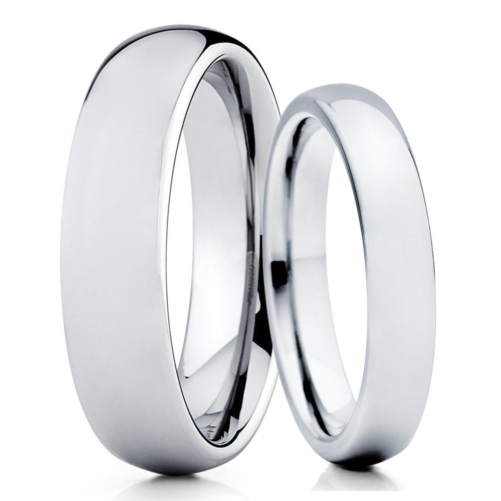 His & Hers Tungsten Silver Polish Dome Mens Womens Promise Ring Wedding Band SET 