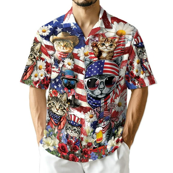 Netecom 4th of July Cat Hawaiian Shirt for Men, Patriotic Style, Button Down Summer Beach Short Sleeve, S-5XL
