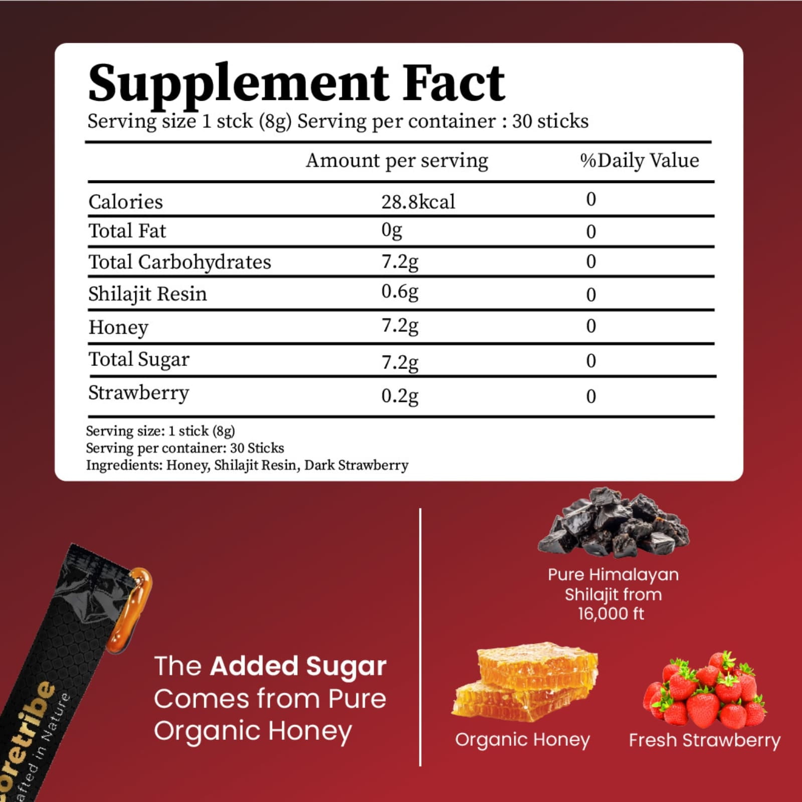 CoreTribe® Shilajit Resin, Strawberry Honey Sticks—Energy, Immunity, Fulvic Acid Men and Women 30 Sticks