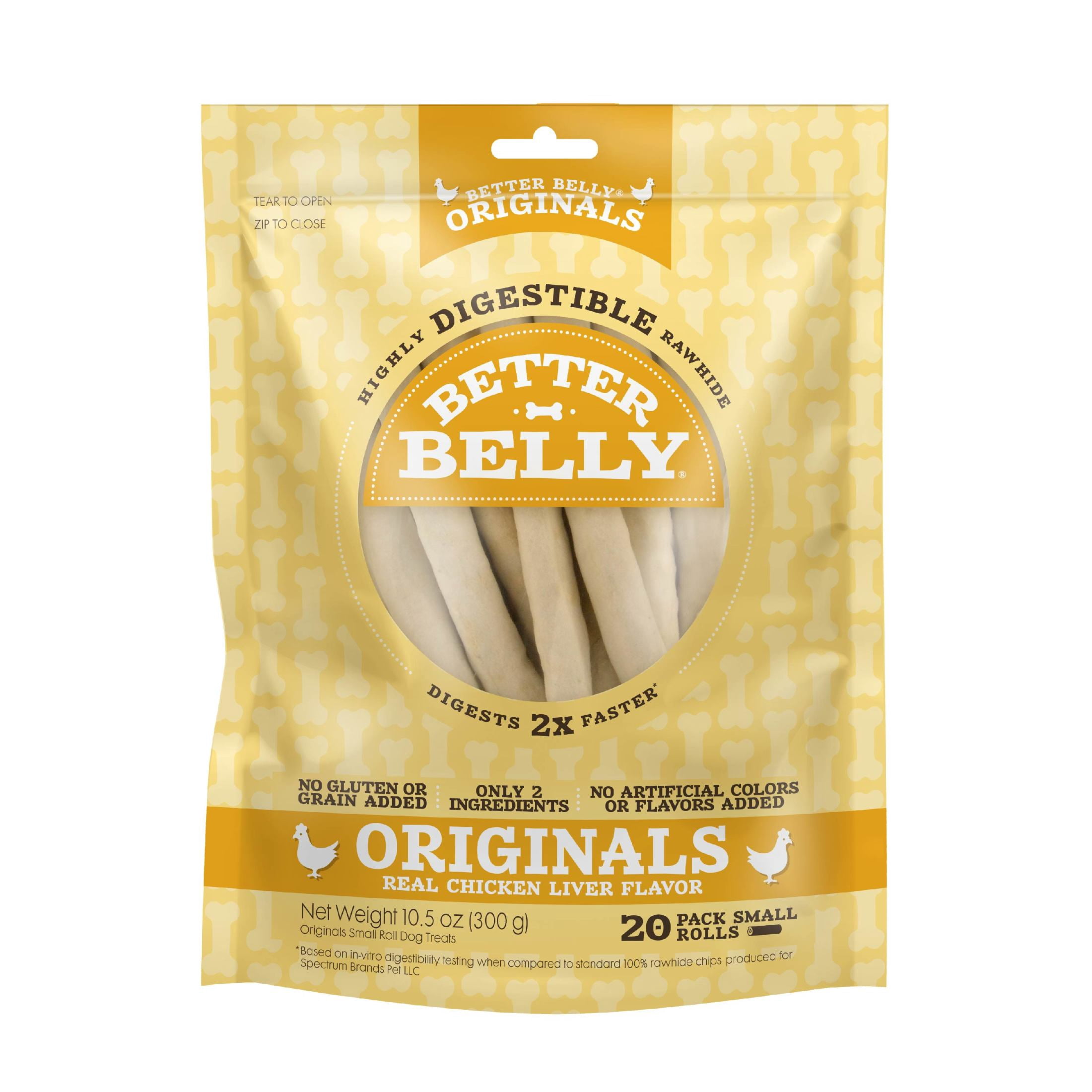 (4 pack) Better Belly Originals Real Chicken Liver Flavor Small Rolls Chew, Highly Digestible Dog Treat, 20 Count
