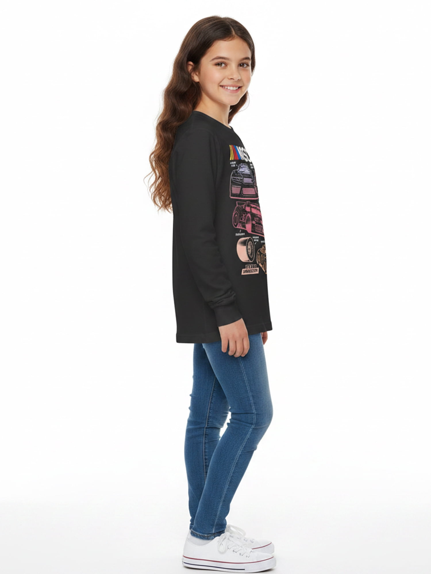 Wonder Nation Girls Graphic NASCAR Tee with Long Sleeves, Sizes 4–18