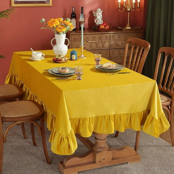 XmhyTop 78.7"x55.1" Luxurious Velvet Tablecloth, Soft Thick Wrinkle-Resistant Rectangular Cover with Decorative Ruffle Edge, Ideal for Kitchen Dining, Parties & Weddings, Yellow