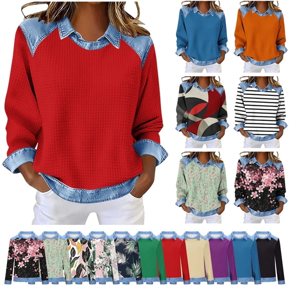QATAINLAV Long Sleeve Denim Patchwork Shirt for Women Waffle Knit Collared Pullover Sweatshirts Casual Loose Fit Going Out Tops Pink S