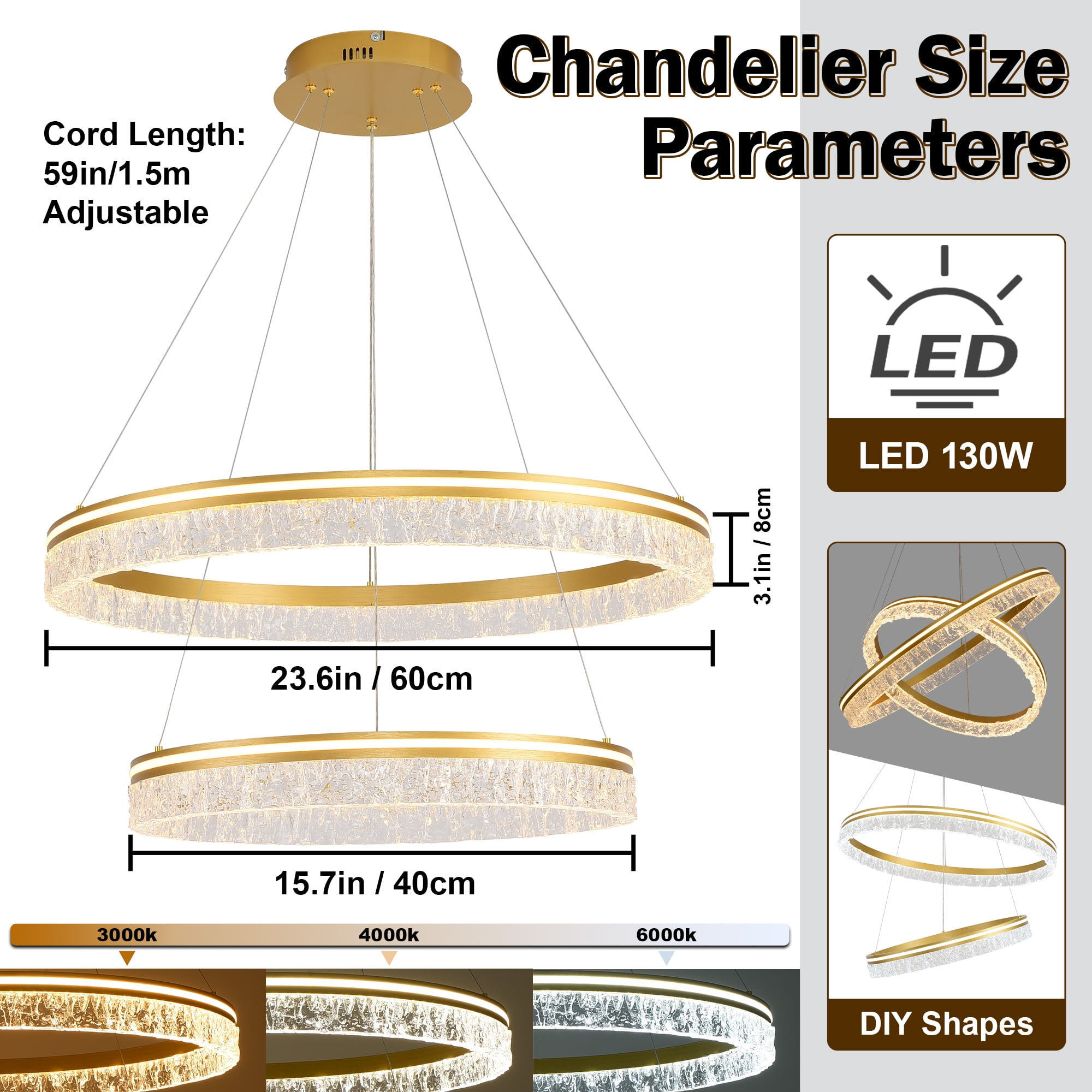 Modern 2-Ring Gold LED Chandelier, Dimmable Pendant Light with Remote, Adjustable Height Ceiling Fixture for Kitchen Island, Dining Room, Bedroom