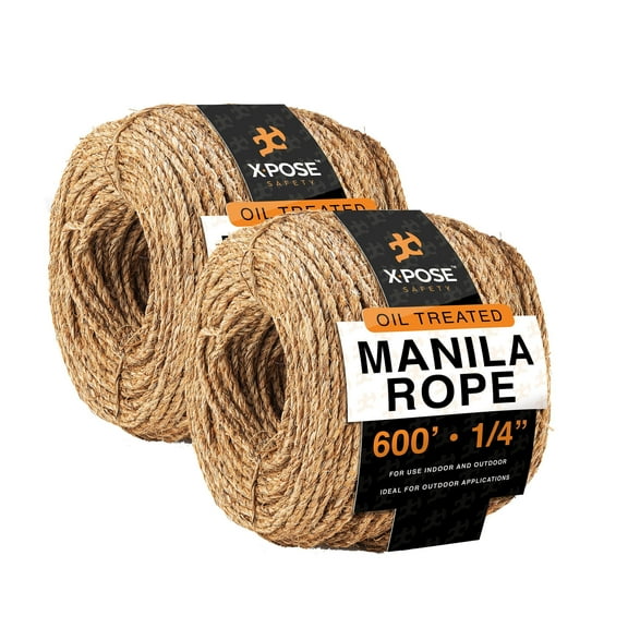 Manila Rope - 1/4 Inch Rope 600' - 3 Strand Cordage Twisted Braided Rope - Thick Natural Fiber Rope for, Marine, Decorative Rope for Crafts, Porch Column, Outdoor Pole Wrap, Tree Rope Swing 2 Pack