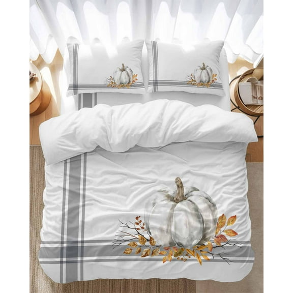 Gray Pumpkin Bedding Duvet Cover Set Queen Size 4 Pieces Thanksgiving Fall Leaf Vintage Farmhouse Bedding Set with Zipper Closure, 1 Comforter Cover 90x92 Inches 1 Flat Sheet & 2 Pillow Cases