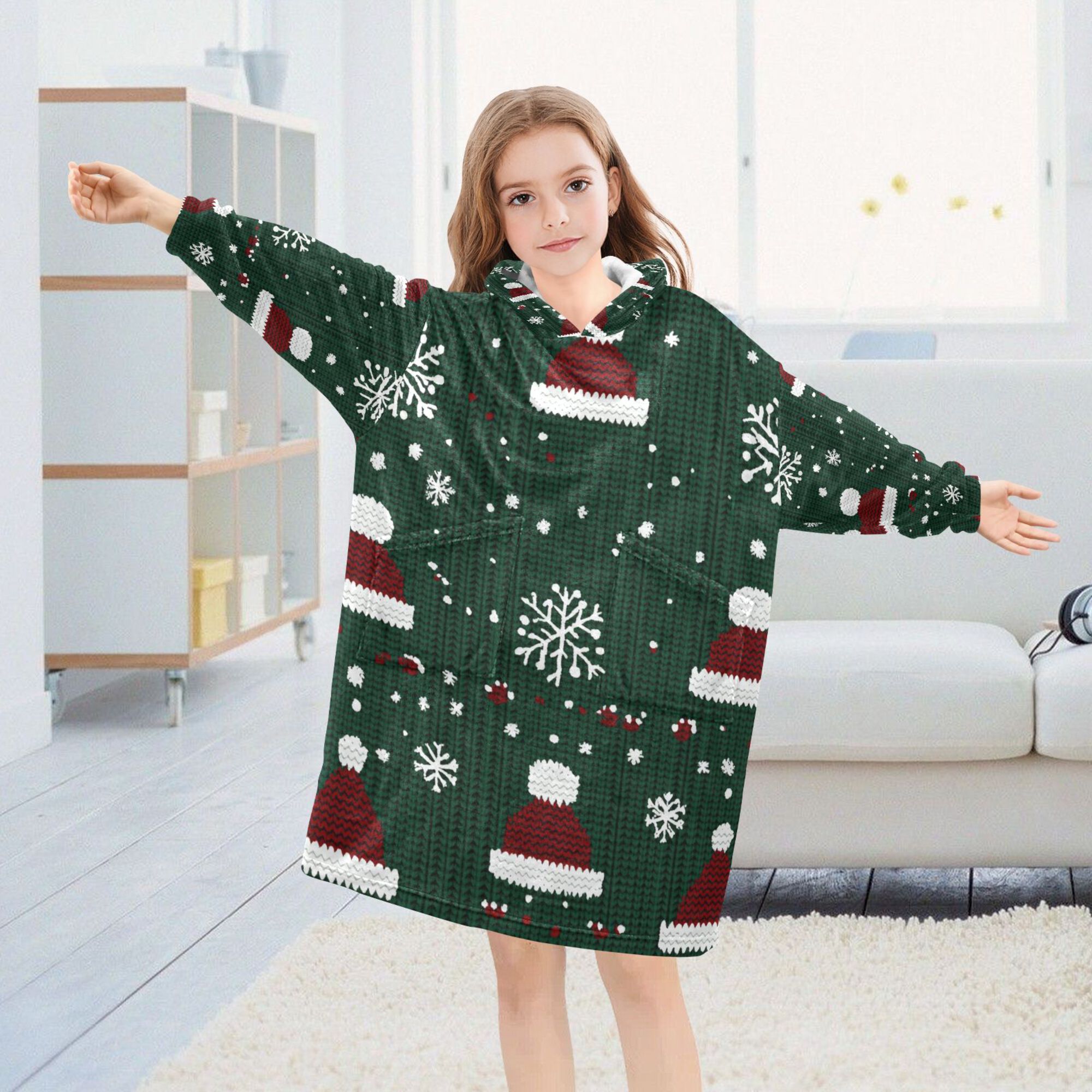 FORMRS Wearable Blanket Hoodie with Sleeves for Kids Cozy Flannel Sweatshirt, Christmas Santa Hats