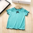 thumbnail image 4 of Fengqque Girl's T-shirt Summer Short Sleeve Tops Bow Lettuce Trim Crew Neck Shirts Loose Fit Casual Basic Tees Blue 7-8 Years, 4 of 7
