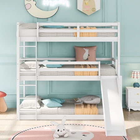 Twin over Twin over Twin Triple Bunk Bed with Ladder and Slide White
