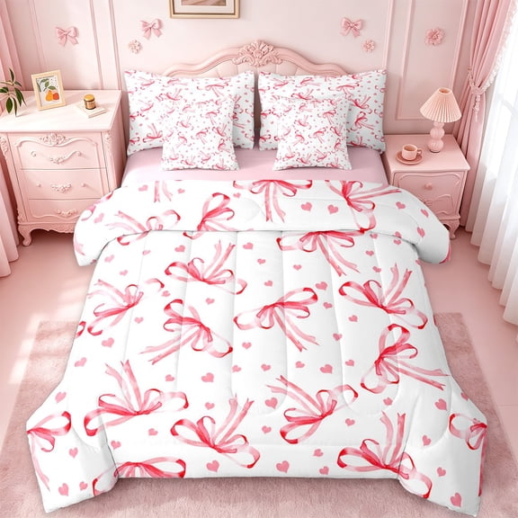jejeloiu Red Ribbon Bowtie 7-Piece Twin Bedding Sets,Kawaii Bowknot Bow Bedding Comforter Set For Girls Teens Reversible
