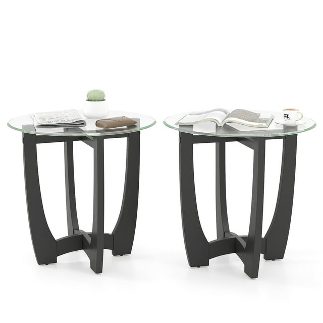 Gymax 2PCS 23.5'' Round End Table w/Glass Tabletop Cross-shaped Solid Rubber Wood Frame