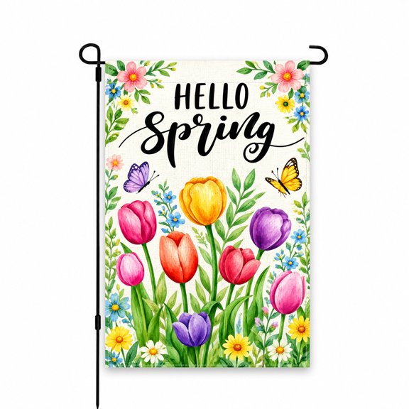 Hello Spring Garden Flag 12 x 18 Inch - Colorful Tulips, Butterflies, and Flowers - Outdoor Yard, Lawn, Patio, or Porch Decor for Spring Season