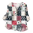 thumbnail image 5 of Women's Patchwork Floral Print 3/4 Sleeve Henley Top - V-Neck Button Tunic Blouse, Loose Fit Boho Casual Summer Shirt for Vacation, Beach, Daily Wear Dark Purple XXXL, 5 of 6