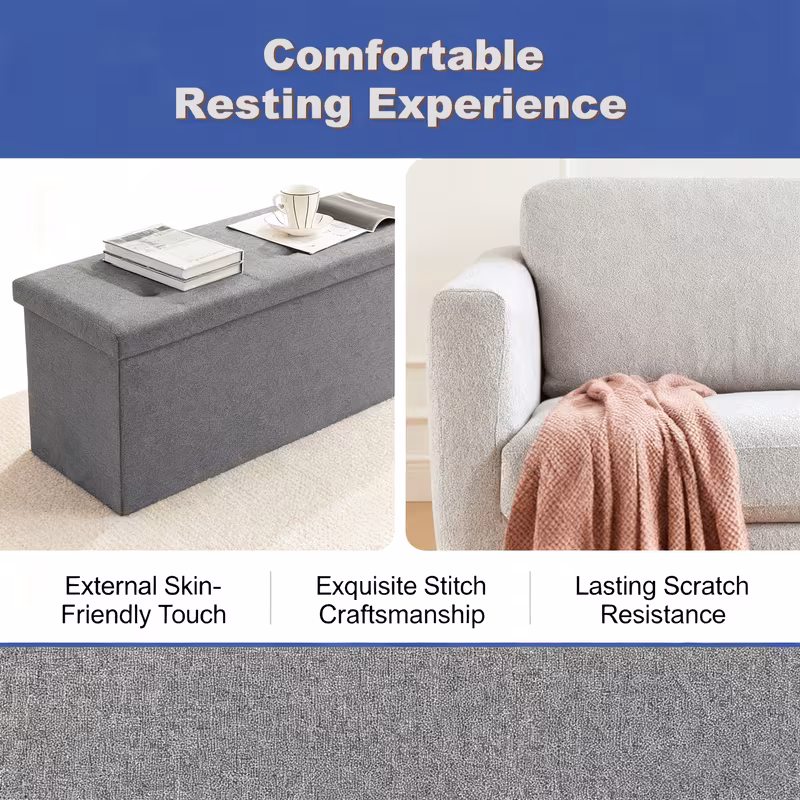 43" Foldable Storage Ottoman Bench with Bins, Padded Footrest Stool for End of Bed, Living Room and Entryway, Holds up to 800 lbs, Gray