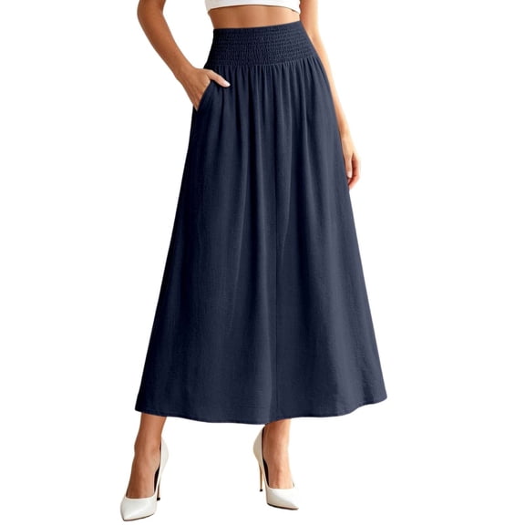 Arlun Maxi Skirt for Women Solid Color Elastic Smocked High Waisted Flowy 2026 Summer Boho Long Skirts Loose Fit Comfy Breathable Beach Cover up Vacation Bottoms 2-Navy XL