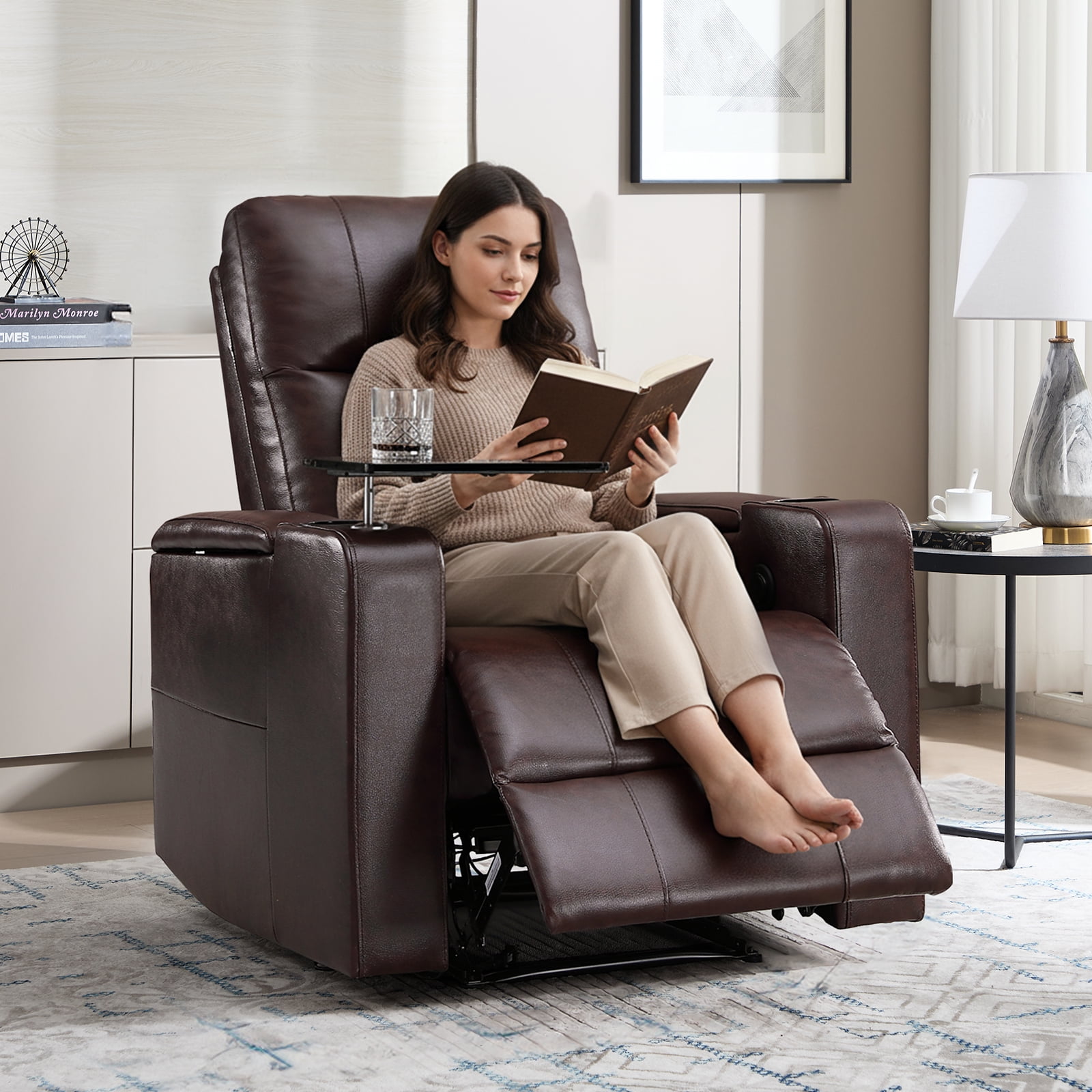 Bonzy Home Power Electric Recliner Chair, PU Leather Home Theater Seating with Swivel Tray Cup Holders, USB Port & Hidden Storage, Single Movie Recliner for Living Room Media Room, Brown