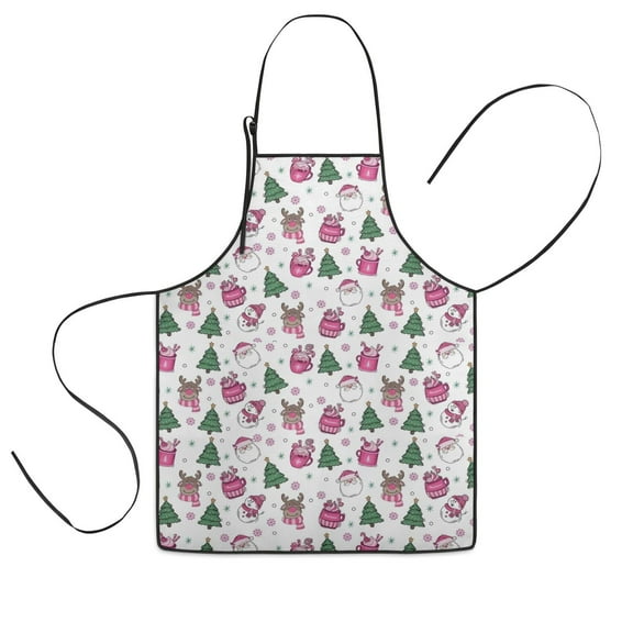 Pink Christmas Santa and Tree Pattern Kids Aprons for Girls and Boys,Adjustable Neck Strap Toddler Aprons for Kids Cooking Baking