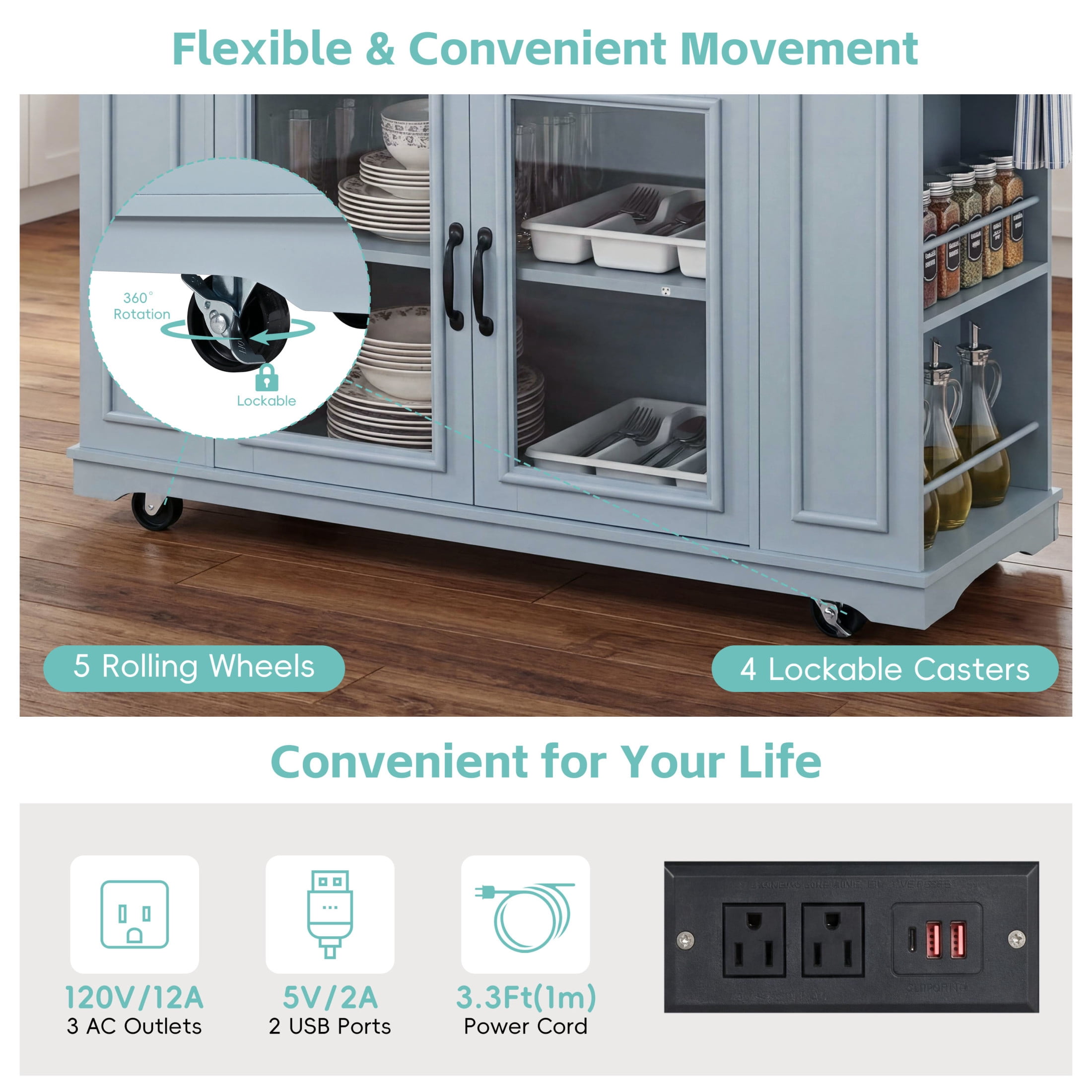 Christopher Knight Home 54.33" Mobile Kitchen Island Cart with Power Outlet and Storage, Blue Gray+Natural