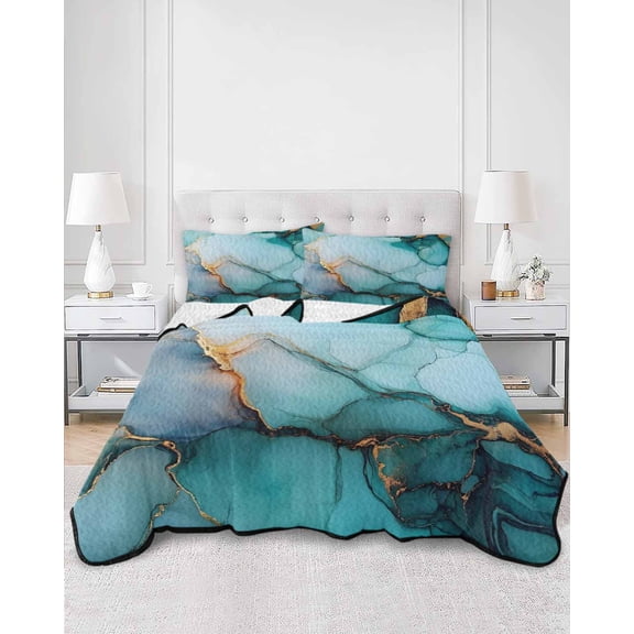 Quilts Queen Size, Marble Turquoise Gold Soft Comforter Bedding Set for Bed, Abstract Simple Geometric Lightweight Quilted Bedspread with Pillow Cover(2 Pieces) for All Season, 90x96 Inch